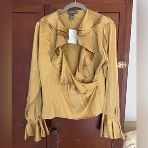 Folio Saks Fifth Ave 100% Silk Gold wrap blouse with ruffles and button details.